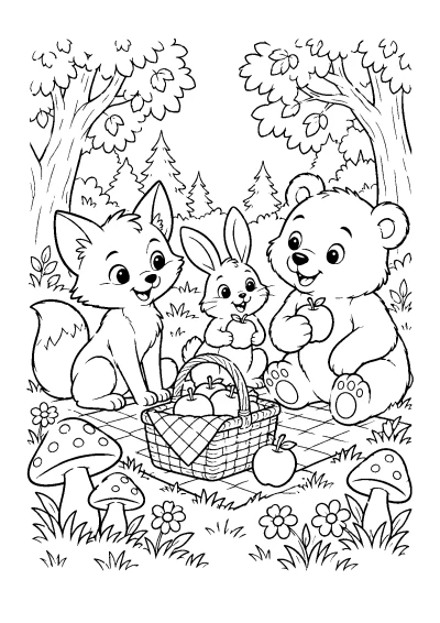 Renardeau, lapin et ourson réunis autour d’un panier de pique-nique dans la forêt, à colorier.