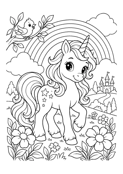 Petite licorne à la crinière ondulée sous un arc-en-ciel, entourée de fleurs et de nuages, à colorier.